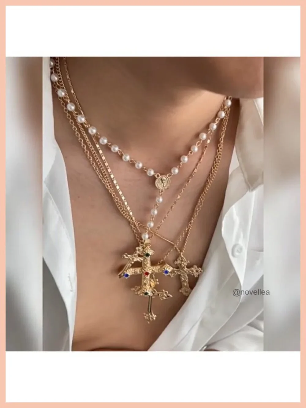 4 Pc Dainty Crystal Cross Pendant Necklace Set, Layered Chain, Hypoallergenic